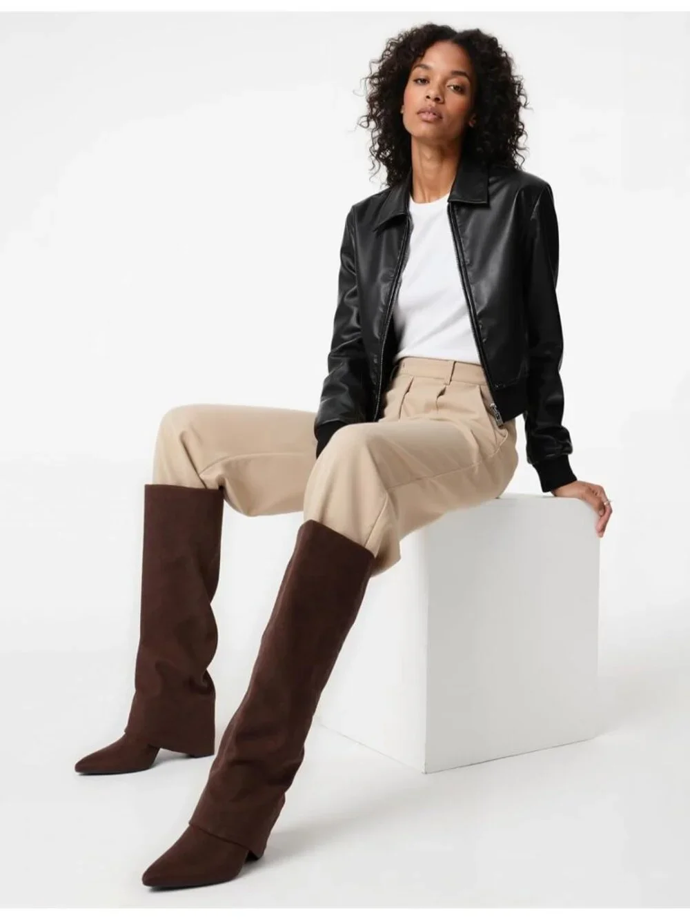 Women's Suede Chocolate Pointed Toe Chunky Heel Faux Leather Over The Knee Boots